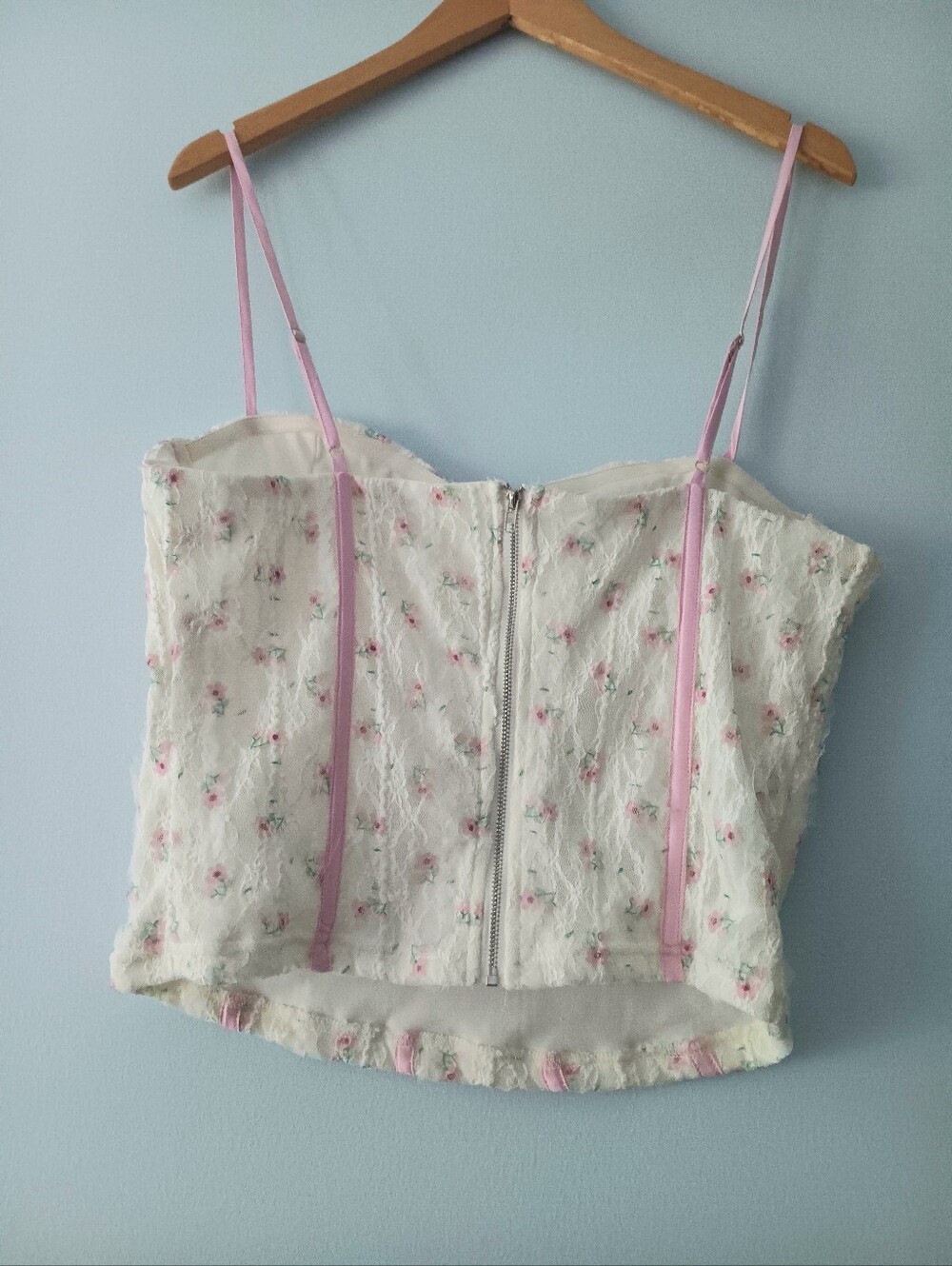Pretty Garbage Cottagecore Floral Lace Corset Top Pink Ivory XL - Picture 3 of 5